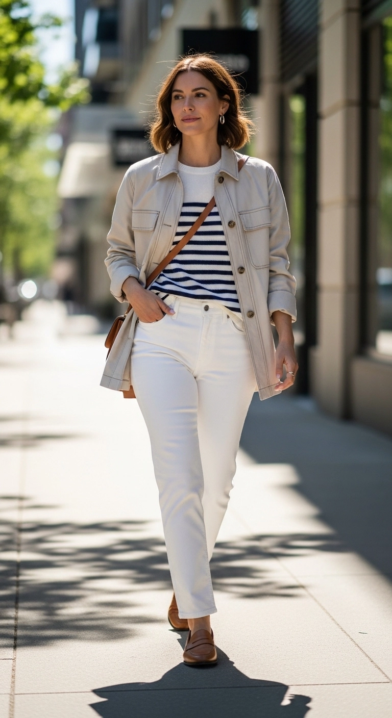 winter to spring transition outfits 2026 with striped knit white jeans and utility jacket