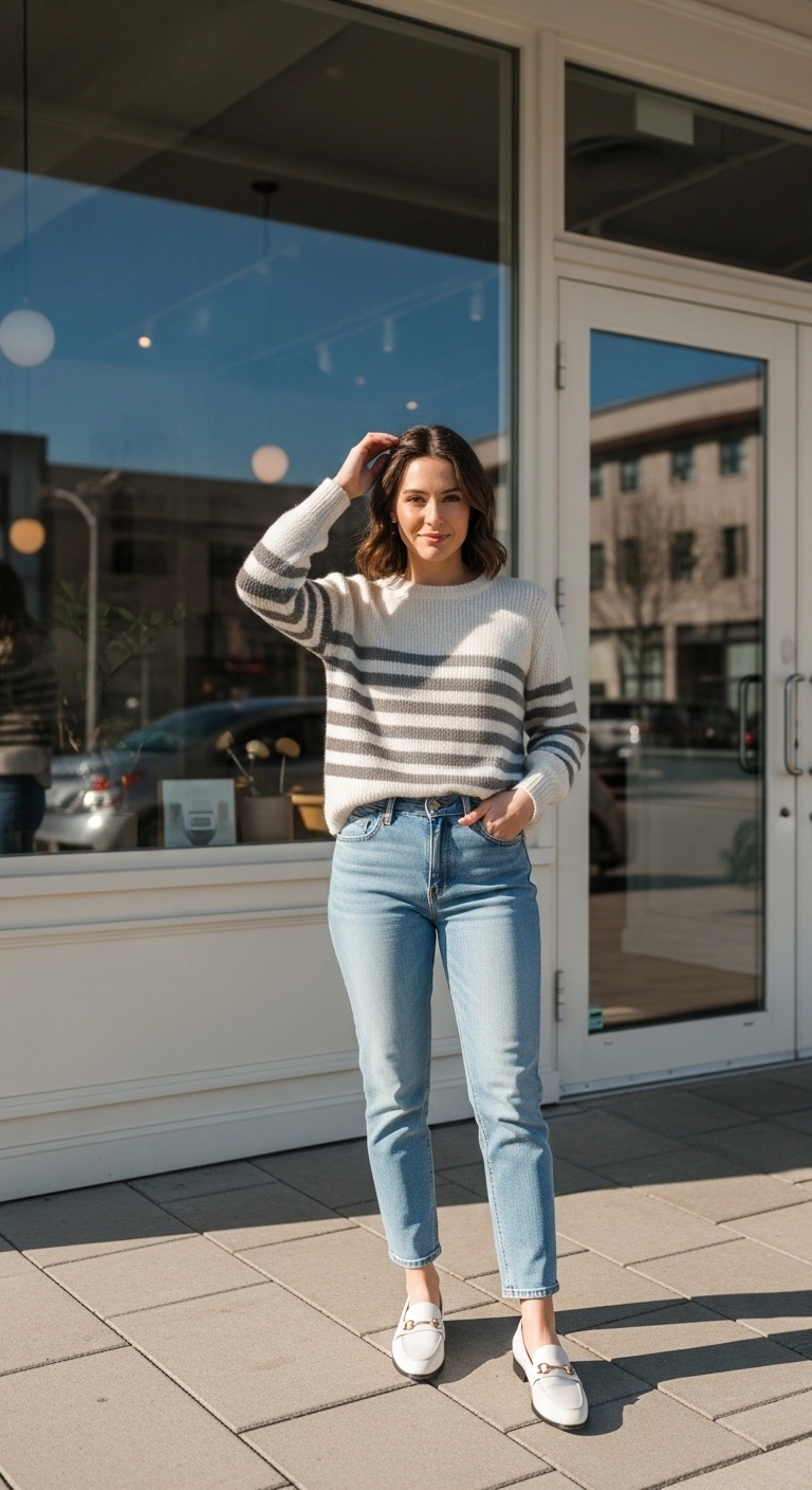 Spring outfits with jeans 2026 with striped knit top, light blue jeans, and loafers