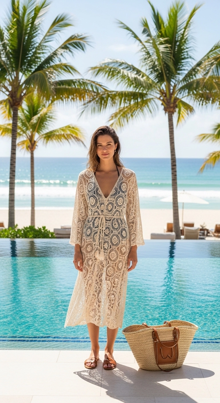 Spring beach outfits 2026 with striped tee and white shorts