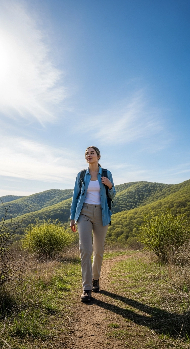 Spring hiking outfits for women 2026 with sun-protective button-up and hiking pants