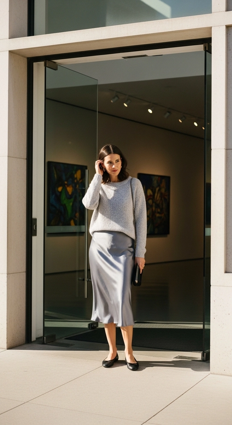 simple spring outfits 2026 with fine sweater slip skirt and flats