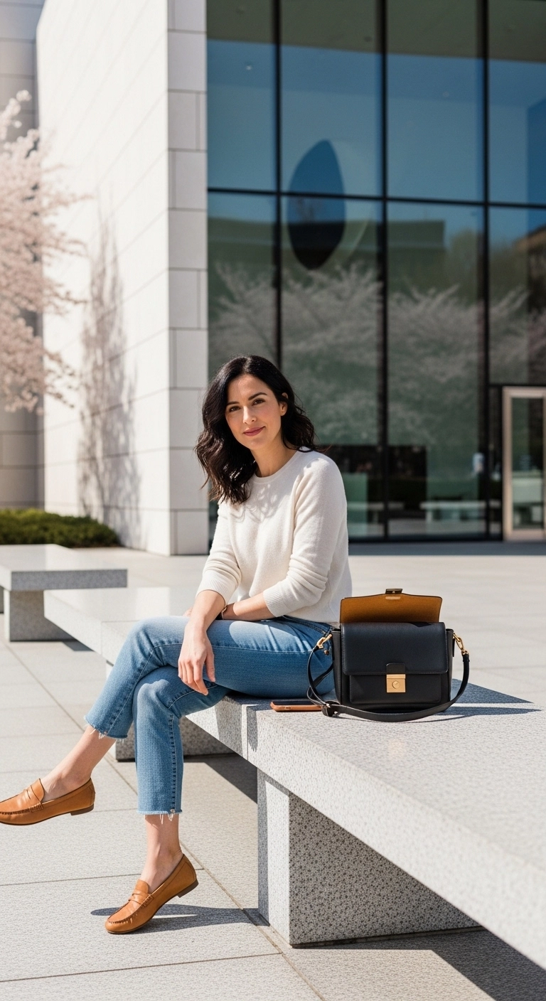 Spring travel outfits for women 2026 with fine knit sweater, cropped jeans, and loafers