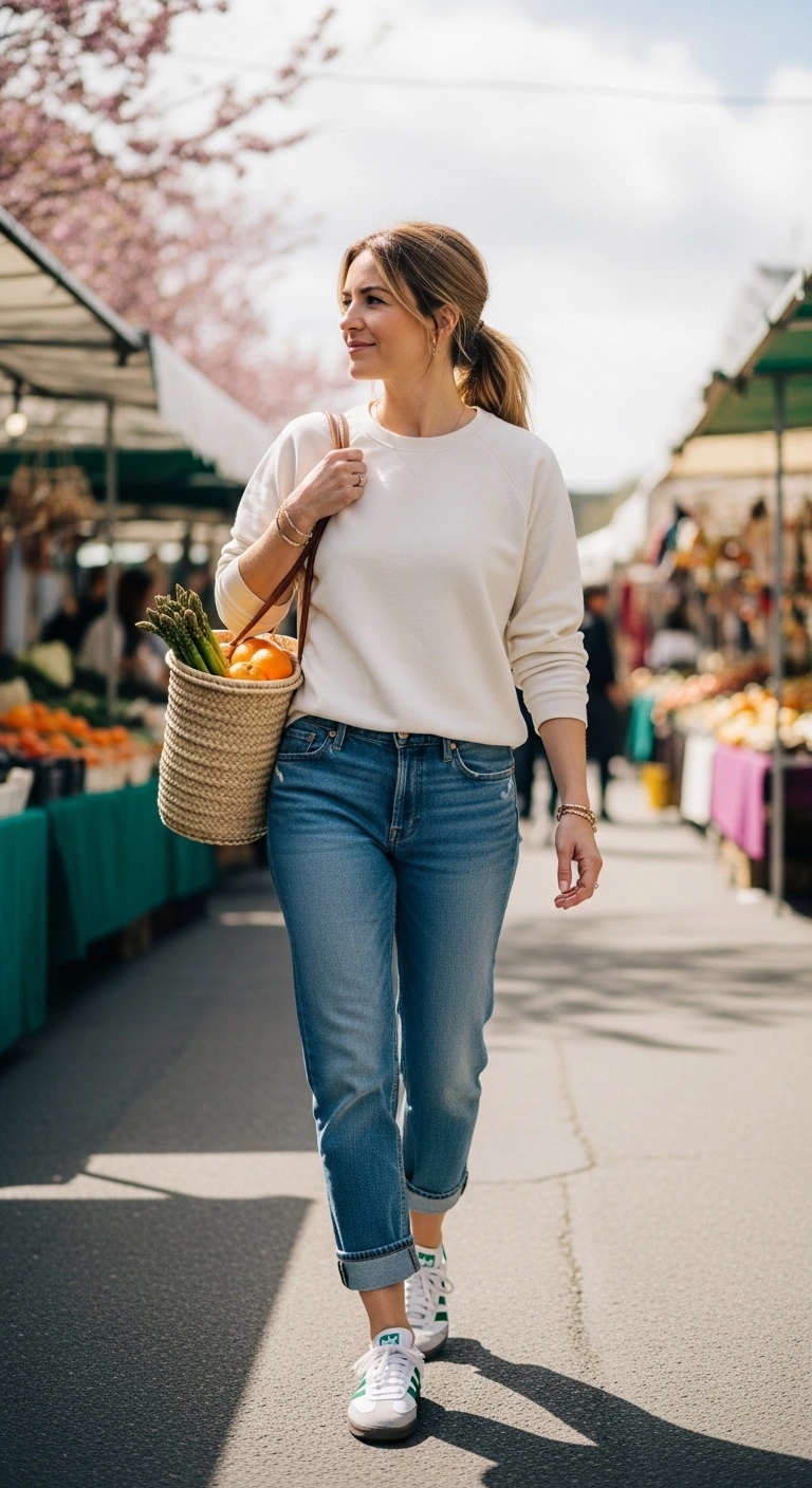 Spring outfits with jeans 2026 with sweatshirt, cuffed jeans, and retro sneakers