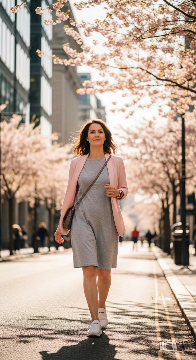 spring dress outfits for women in 2026 with a T-shirt dress, soft blazer, and sporty flats