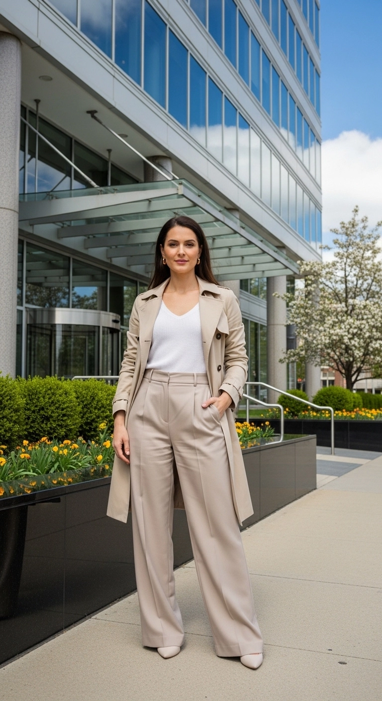Elegant spring outfits 2026 with beige trench and tailored trousers