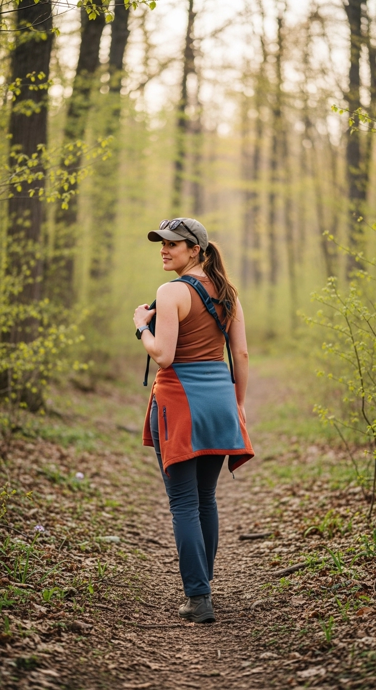 Spring hiking outfits for women 2026 with tank, hiking pants, and fleece layer