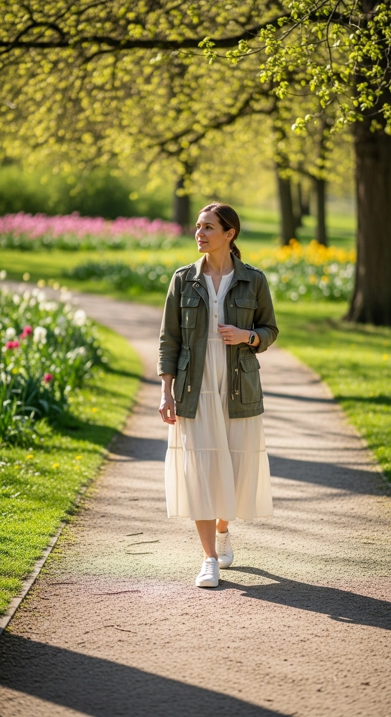 spring dress outfits for women in 2026 with a cotton tiered dress, utility jacket, and trainers