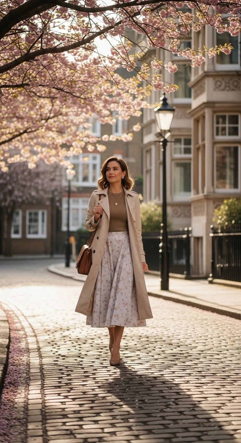 Trendy spring outfit ideas for women 2026 with trench coat and midi skirt