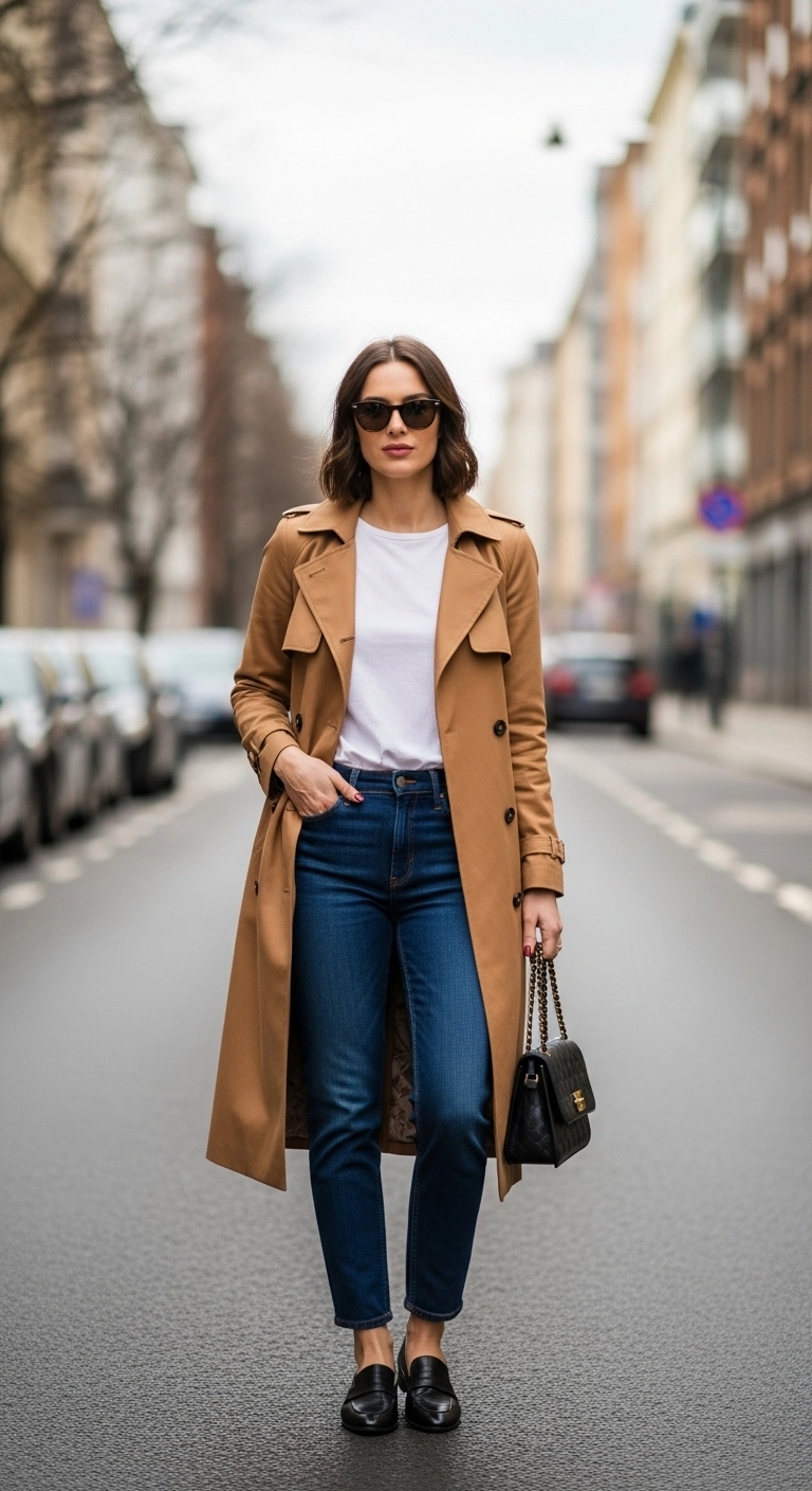 simple spring outfits 2026 with trench coat tee and dark denim