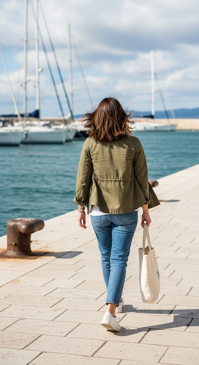 spring vacation outfits 2026 with utility jacket white tee and jeans