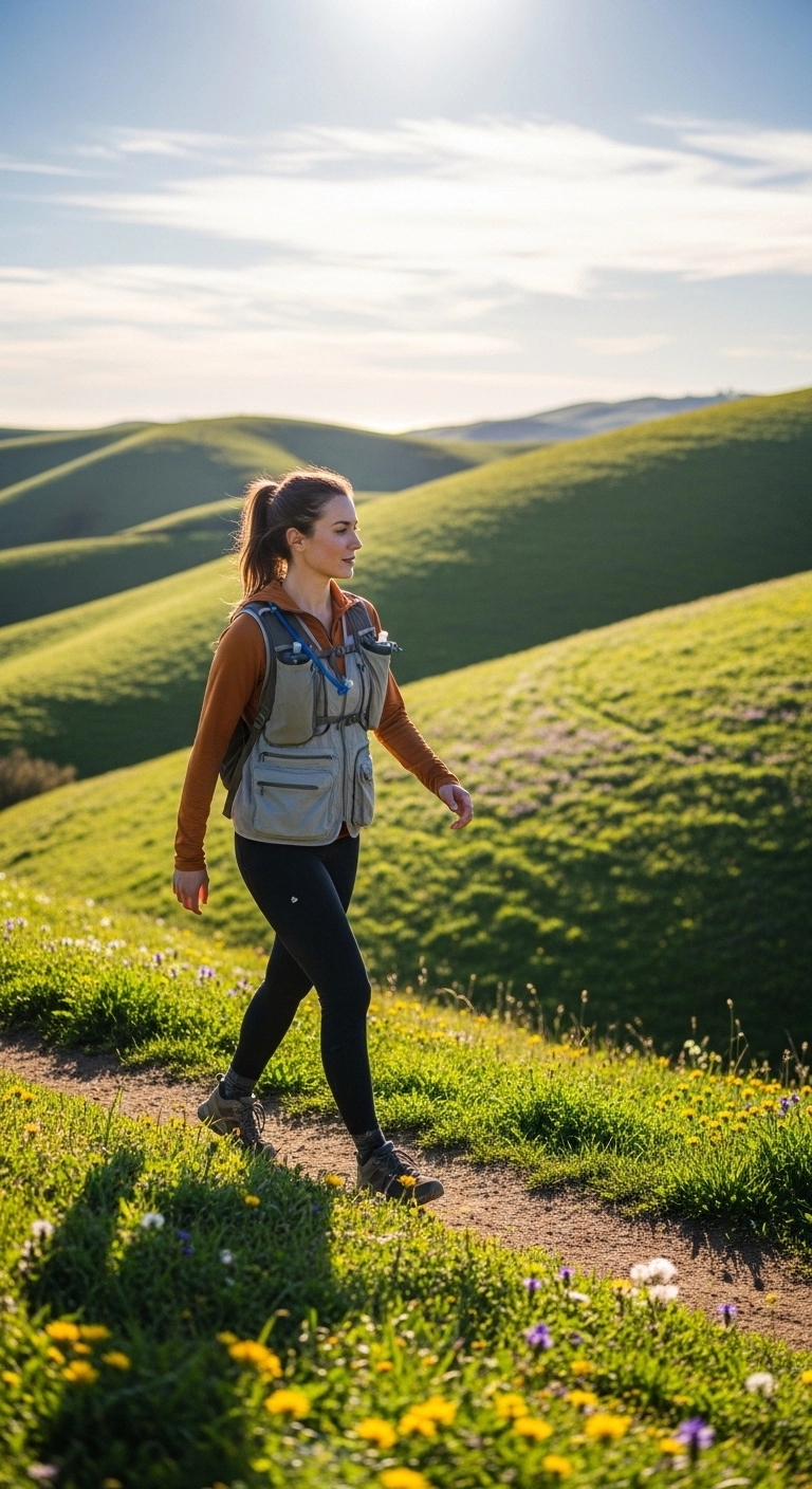 Spring hiking outfits for women 2026 with long-sleeve top, leggings, and utility vest
