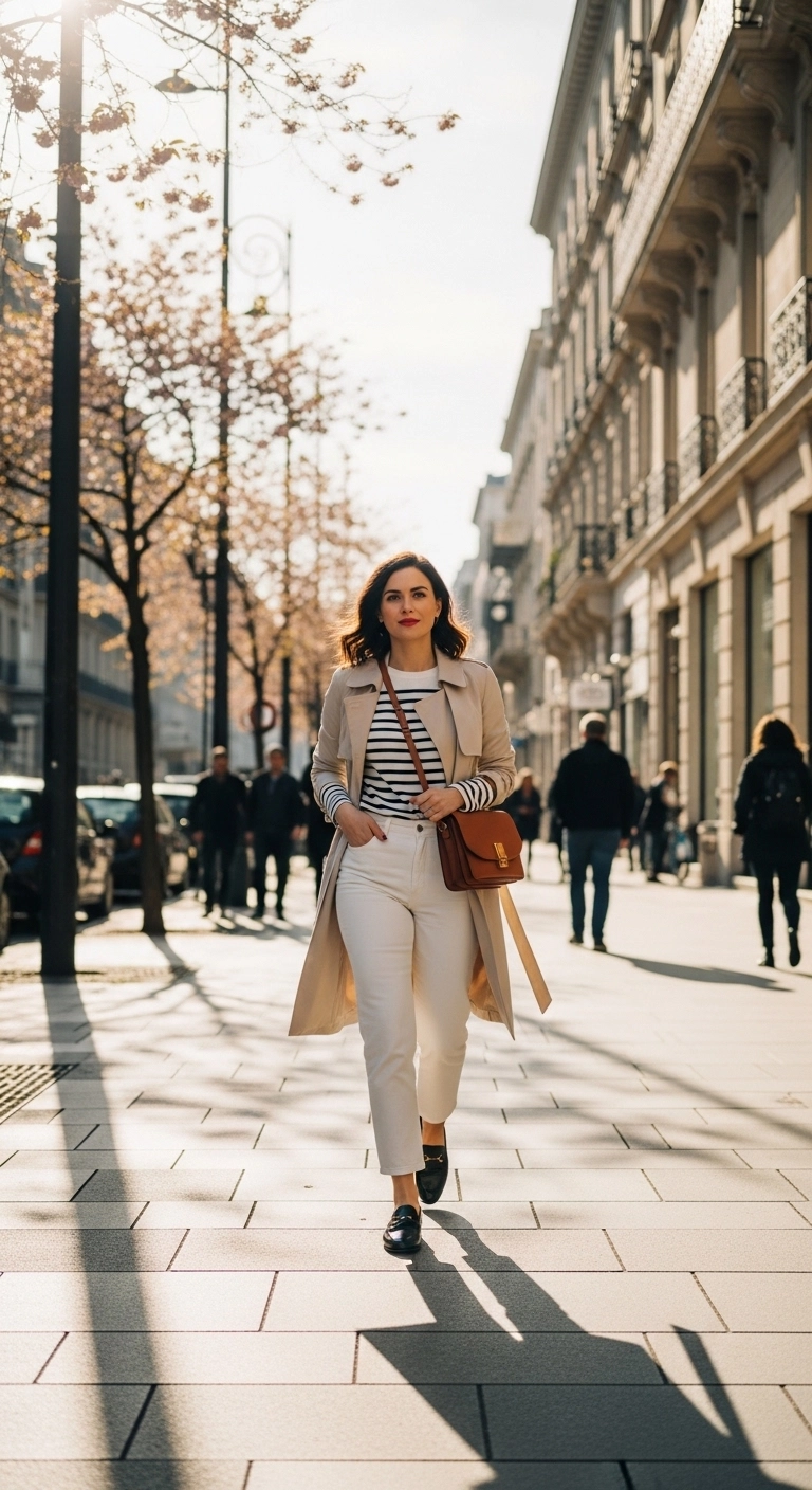 everyday spring outfits 2026 with off-white jeans, striped top, and trench coat