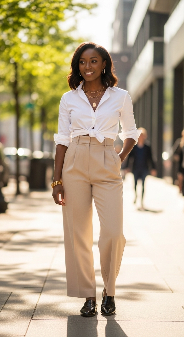 spring outfits for black women in 2026 with white shirt and beige wide-leg trousers