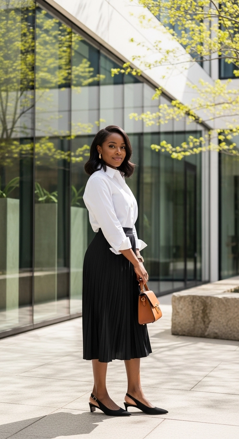 White shirt and pleated midi skirt create a crisp spring outfit with refined movement.