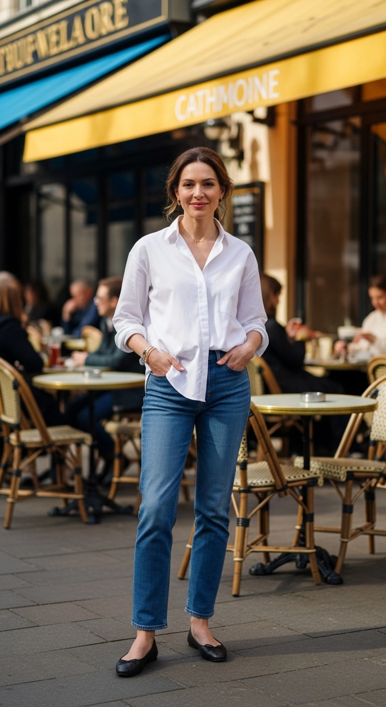 Trendy spring outfit ideas for women 2026 with white shirt, jeans, and ballet flats