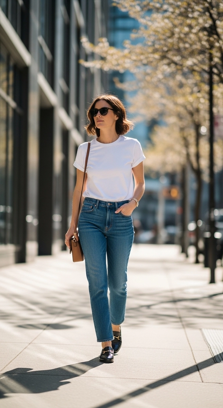 simple spring outfits 2026 with white tee straight-leg jeans and loafers