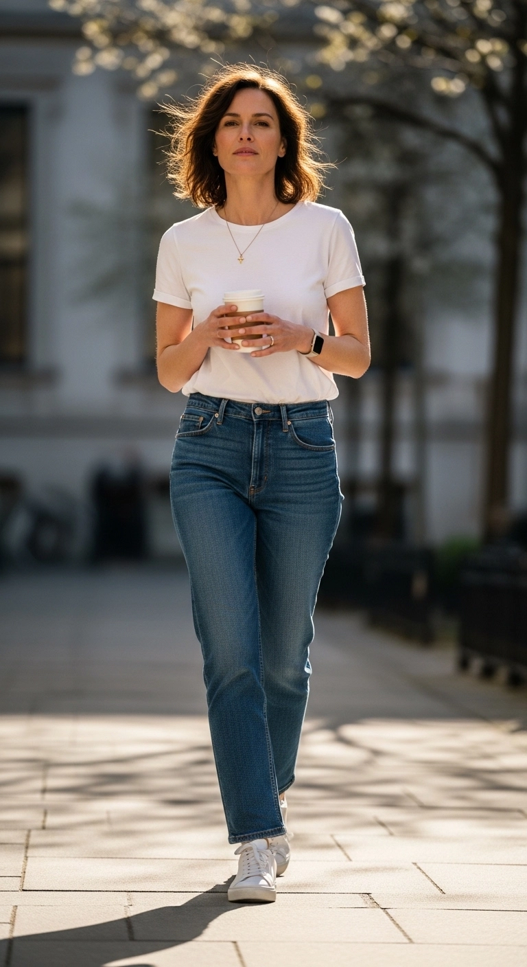 Spring outfits with jeans 2026 with white T-shirt, straight-leg jeans, and sneakers