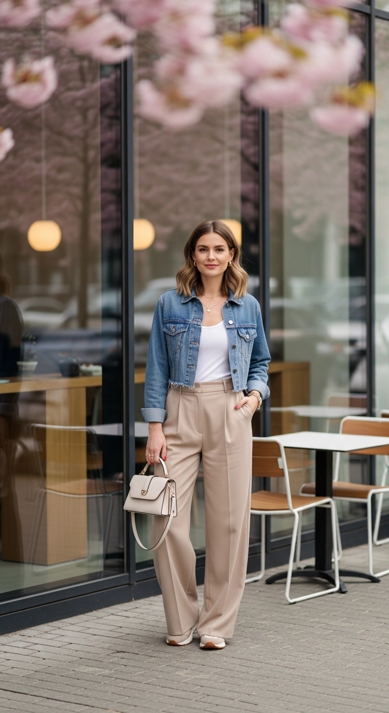 everyday spring outfits 2026 with wide-leg trousers, tank, and cropped jacket