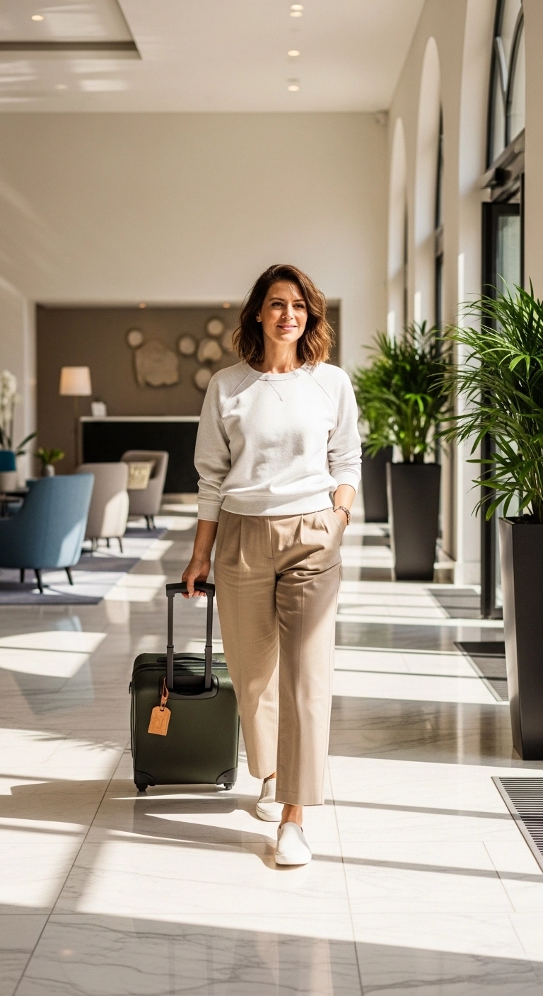 Spring travel outfits for women 2026 with lightweight sweatshirt and wide-leg trousers