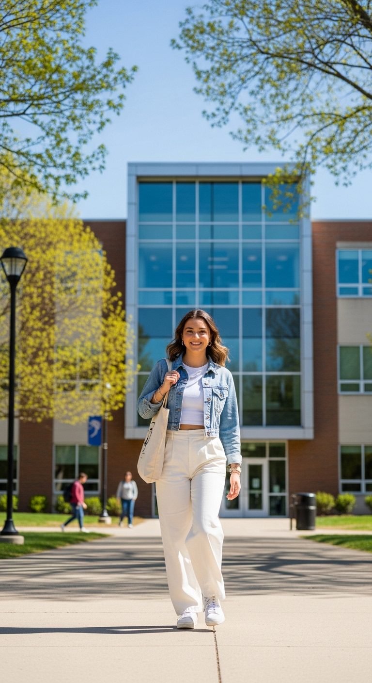 Spring college outfits 2026 with wide-leg trousers, tank top, and cropped jacket