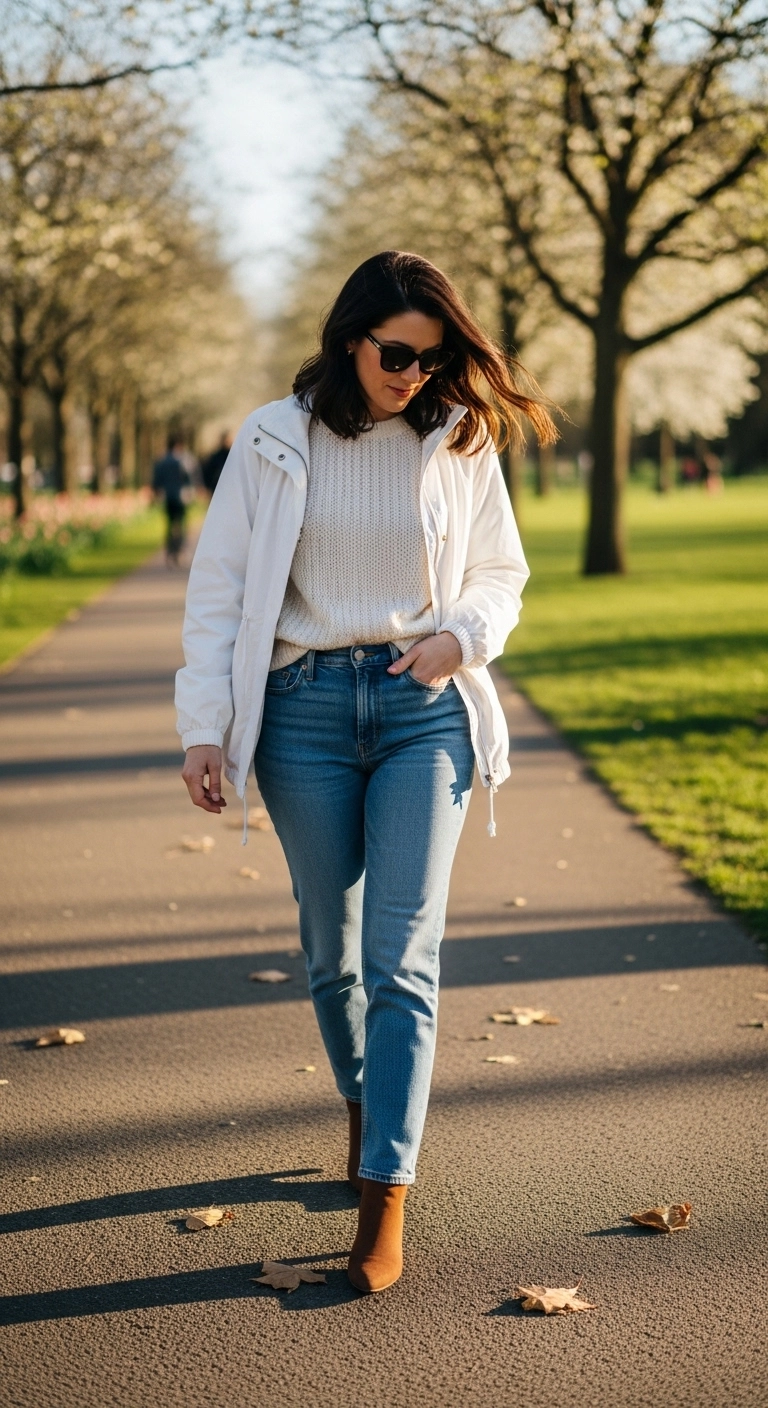 winter to spring transition outfits 2026 with windbreaker jeans and lightweight knit