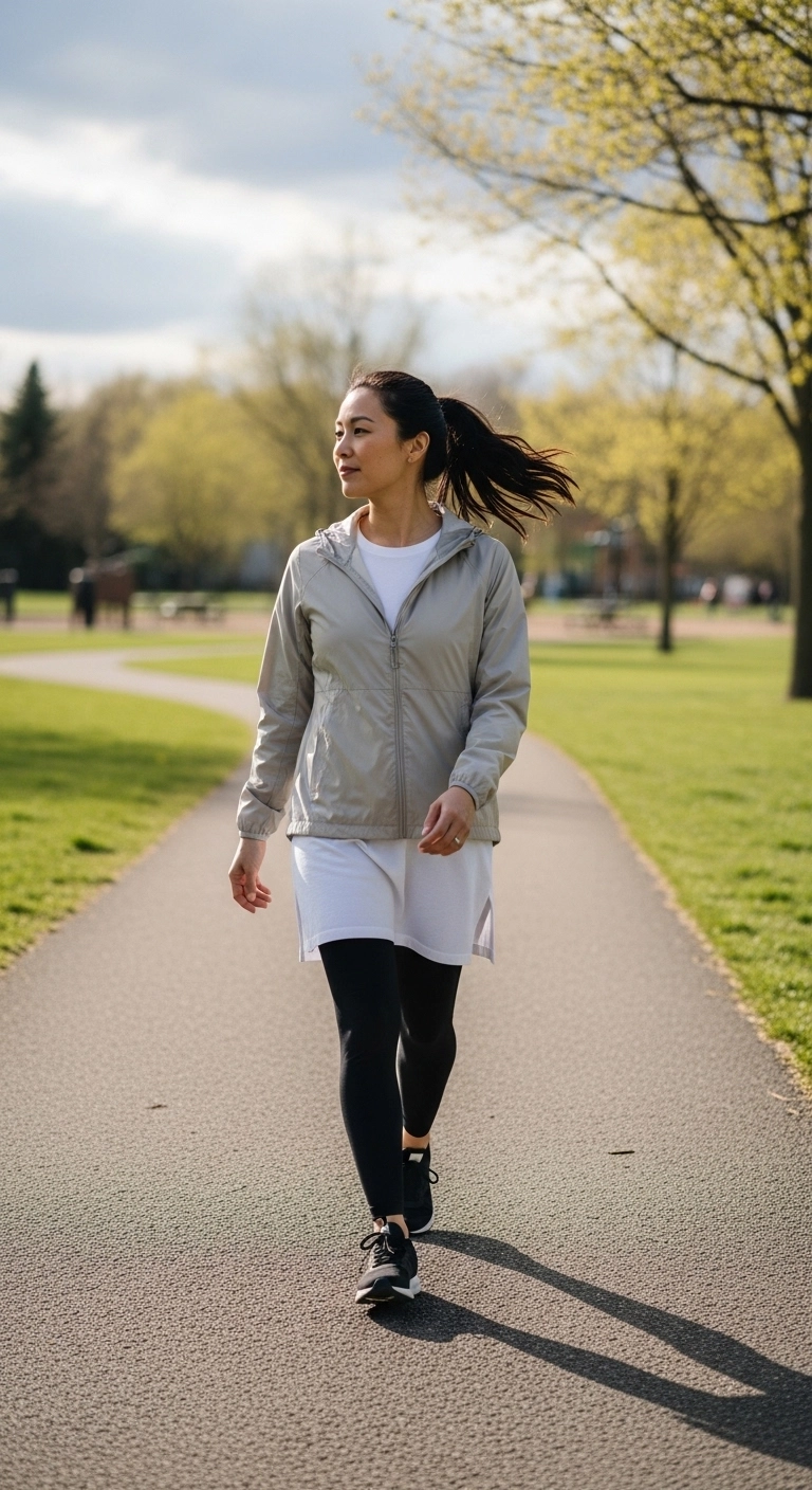 spring transition outfits 2026 with windbreaker leggings and longline tee