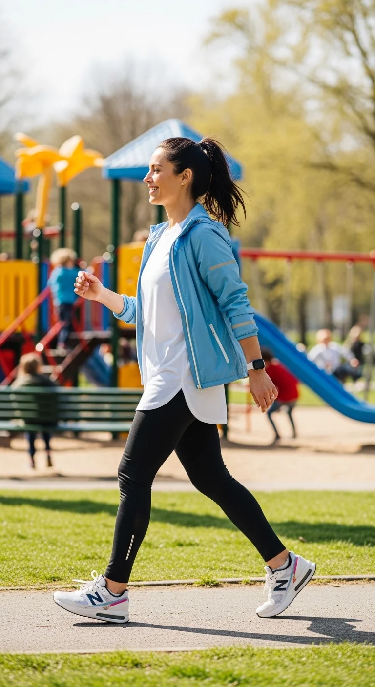 spring mom outfits 2026 with windbreaker leggings and longline tee